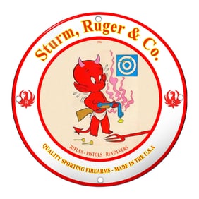 Vibrant Sturm, Ruger & Co. Porcelain Sign Featuring Playful Mascot & Target Design