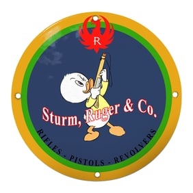 Sturm, Ruger & Co. Enamel Sign Featuring Cartoon Duck with Gun - Iconic Logo Design