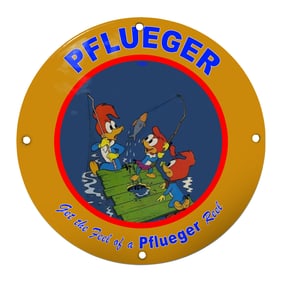 Whimsical Fishing Fun: Pflueger Porcelain Sign with Colorful Woody Woodpecker Design