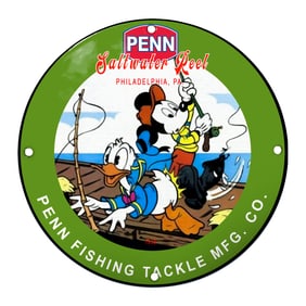 Penn Fishing Tackle Co. Sign Featuring Mickey Mouse and Donald Duck in a Playful Fishing Scene