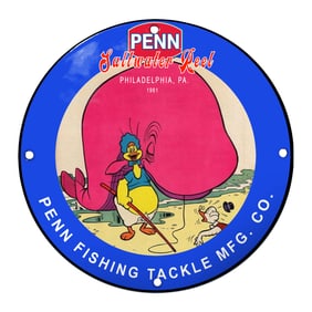 Charming 1961 Penn Saltwater Reel Porcelain Sign Featuring Animated Characters