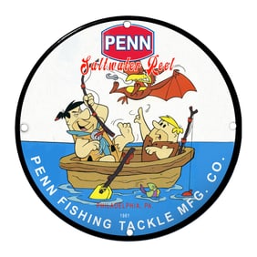 Vintage Penn Fishing Tackle Sign Featuring Cartoon Characters in a Fishing Adventure