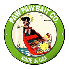 Charming Paw Paw Bait Co. Sign Featuring Playful Cartoon Scene from 1953