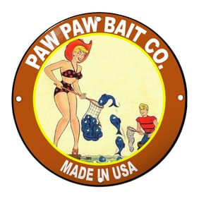 Delightful Paw Paw Bait Co. Porcelain Sign Featuring Vintage Fishing Charms