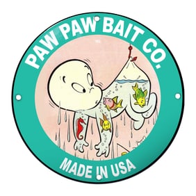 Charming 1953 Paw Paw Bait Co. Porcelain Sign Featuring Cute Cartoon Character