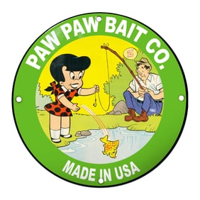 Colorful Paw Paw Bait Co. Porcelain Sign with Cheerful Fishing Scene