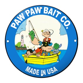 Paw Paw Bait Co. Vibrant Porcelain Fishing Sign Featuring Popeye ? Made in USA