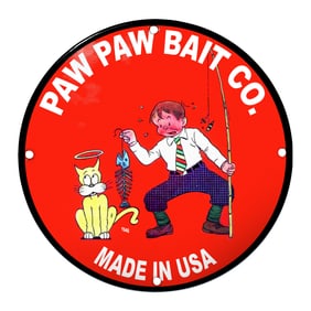 Charming Porcelain Sign: Paw Paw Bait Co. Featuring Playful Cat and Young Angler