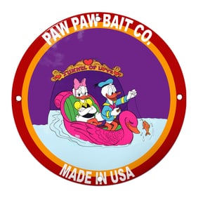 Charming Porcelain Sign: Paw Paw Bait Co. Featuring Donald and Daisy Duck in Tunnel of Love