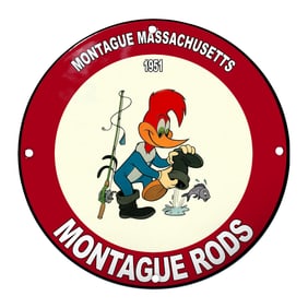 Vibrant Montague Rods Porcelain Sign Featuring Woody Woodpecker - 1951