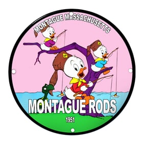 Charming 1951 Montague Rods Porcelain Sign featuring Whimsical Ducks Fishing