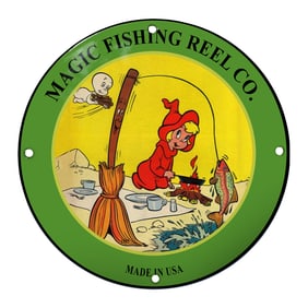 Charming Porcelain Sign of Magic Fishing Reel Co. with Whimsical Fishing Scene