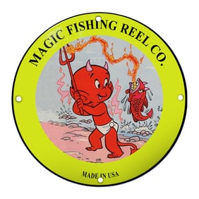 Whimsical Magic Fishing Reel Co. Porcelain Sign Featuring Playful Devil Character