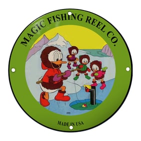 Vintage Magic Fishing Reel Co. Porcelain Sign Featuring Whimsical Ice Fishing Scene