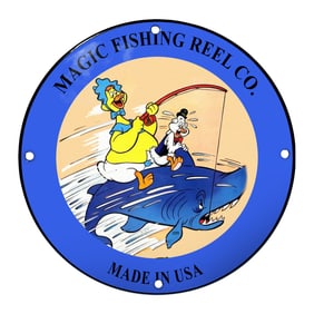 Whimsical Magic Fishing Reel Co. Porcelain Sign Featuring Quirky Cartoon Characters