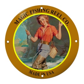 Charming Vintage Magic Fishing Reel Co. Porcelain Sign with Angler's Cheerful Portrait