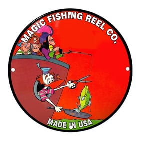 Colorful Magic Fishing Reel Co. Porcelain Sign Featuring Cartoon Fishermen