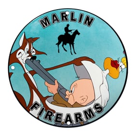 Classic Marlin Firearms Porcelain Sign with Cartoon Heroes and Vintage Artwork