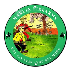 Quirky Marlin Firearms Porcelain Sign with Humorous Cartoon Imagery