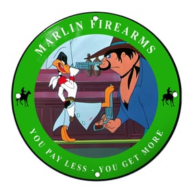 Vintage Marlin Firearms Porcelain Sign Featuring Cartoon Wild West Showdown