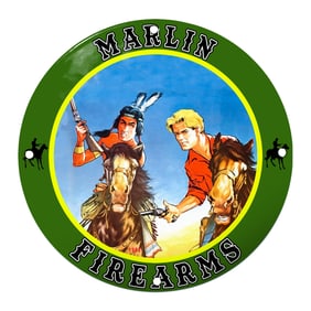 Dynamic Marlin Firearms Vintage Porcelain Sign Featuring Bold Western Imagery