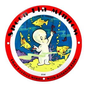 Charming 1950 Spoon-Fin Minnow Porcelain Sign Featuring Playful Cartoon Imagery