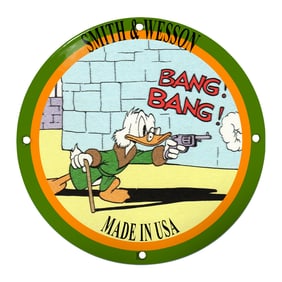 Smith & Wesson Cartoon Porcelain Sign: Classic Pop Culture Imagery