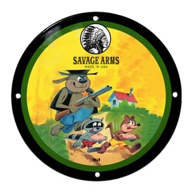 Savage Arms Porcelain Sign Featuring Cartoon Characters and Whimsical Imagery