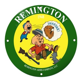 Colorful Remington 1948 Porcelain Sign Featuring Cartoon Characters and Whimsical Design