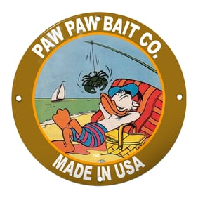 Charming Porcelain Sign of Paw Paw Bait Co. with Cartoon Duck on the Beach