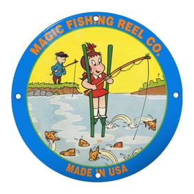 Charming Porcelain Sign of the Magic Fishing Reel Co. Featuring Colorful Fishing Scene