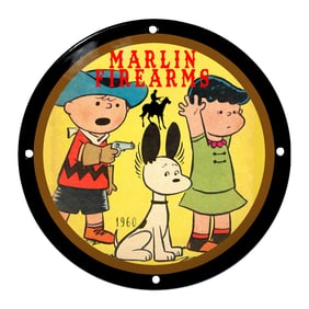 Vibrant 1960 Marlin Firearms Porcelain Sign Featuring Iconic Cartoon Imagery