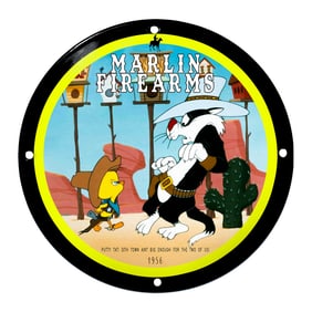 Colorful Depiction of 'Marlin Firearms' Featuring Iconic Cartoon Characters - 1956