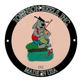 Whimsical Fishing Adventure: Johnson-Reels Porcelain Sign Featuring Playful Cartoon Dog