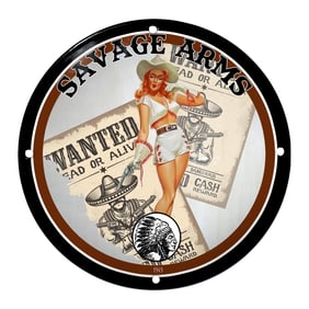 Savage Arms Porcelain Sign: Retro Wild West Pin-Up Girl & Wanted Poster Design