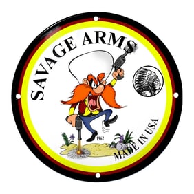 Bold Savage Arms Porcelain Sign Featuring a Vibrant Cartoon Miner