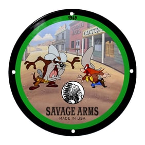 1969 Savage Arms Porcelain Sign Featuring Classic Cartoon Characters Taz and Yosemite Sam