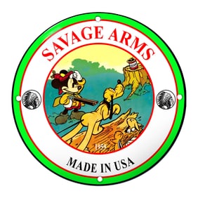 Mickey Mouse and Pluto Porcelain Sign by Savage Arms ? Vibrant Hunting Scene
