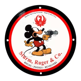 Sturm, Ruger & Co. Porcelain Sign Featuring Iconic Cartoon Character in Action