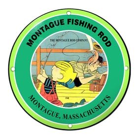 Vintage Montague Fishing Rod Porcelain Sign - Whimsical Fishing Scene 1948