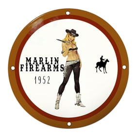 Marlin Firearms 1952 Vintage Porcelain Sign Featuring Iconic Western Imagery