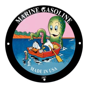 Charming 1957 Marine Gasoline Porcelain Sign Featuring Donald Duck and a Playful Octopus