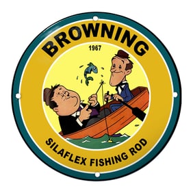 Browning Silaflex Fishing Rod Sign - 1967 Vibrant Cartoon Fishing Scene Decor