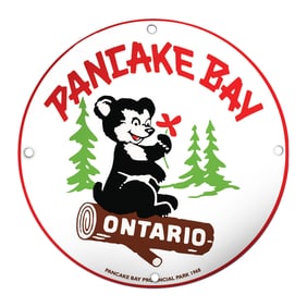 Charming Pancake Bay Provincial Park Porcelain Sign Featuring Adorable Bear Mascot