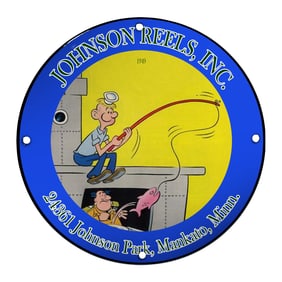 Colorful Vintage Johnson Reels Porcelain Sign Featuring Cartoon Fishermen and Playful Fish