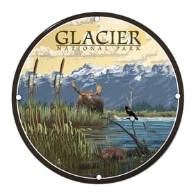Stunning Glacier National Park Porcelain Sign Featuring Majestic Wildlife and Scenic Landscapes