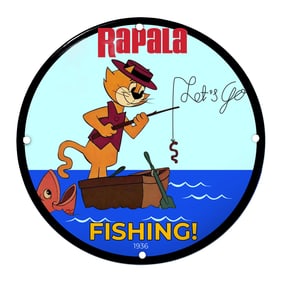 Whimsical Rapala Fishing Sign Featuring Cute Cartoon Cat and Vibrant Ocean Scene