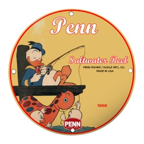 Penn Saltwater Reel Porcelain Sign Featuring Cartoon Duck and Children Fishing