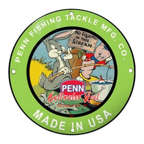 Colorful 1955 Penn Fishing Tackle Sign Featuring Classic Cartoon Characters