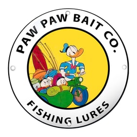 Whimsical Paw Paw Bait Co. Porcelain Sign Featuring Donald Duck and Friends